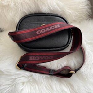 Coach Pebbled Leather Camera Crossbody Bag Black with Web logo strap